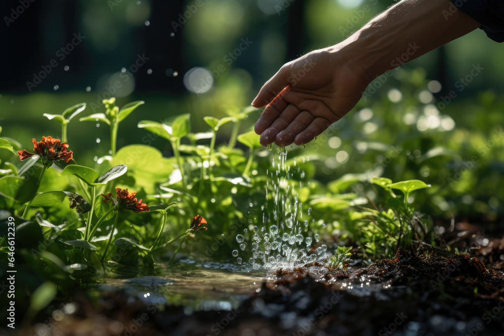 Fototapeta premium A close-up of a person's hand controlling the smart sprinkler system to water the lawn and plants. Generative Ai.