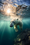 Polar Bear swimming under clear water in North Pole with scenic snow mountain view, create using Generative Ai Tools