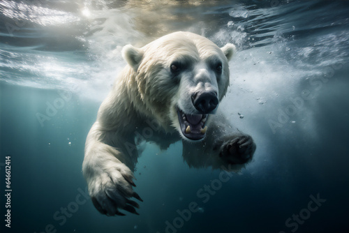 Polar Bear swimming under clear water in North Pole with scenic snow mountain view, create using Generative Ai Tools © Maizal