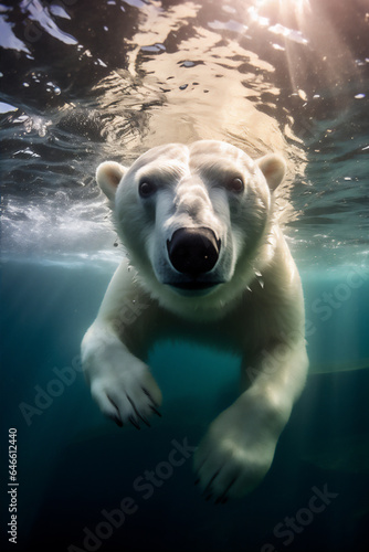 Polar Bear swimming under clear water in North Pole with scenic snow mountain view, create using Generative Ai Tools