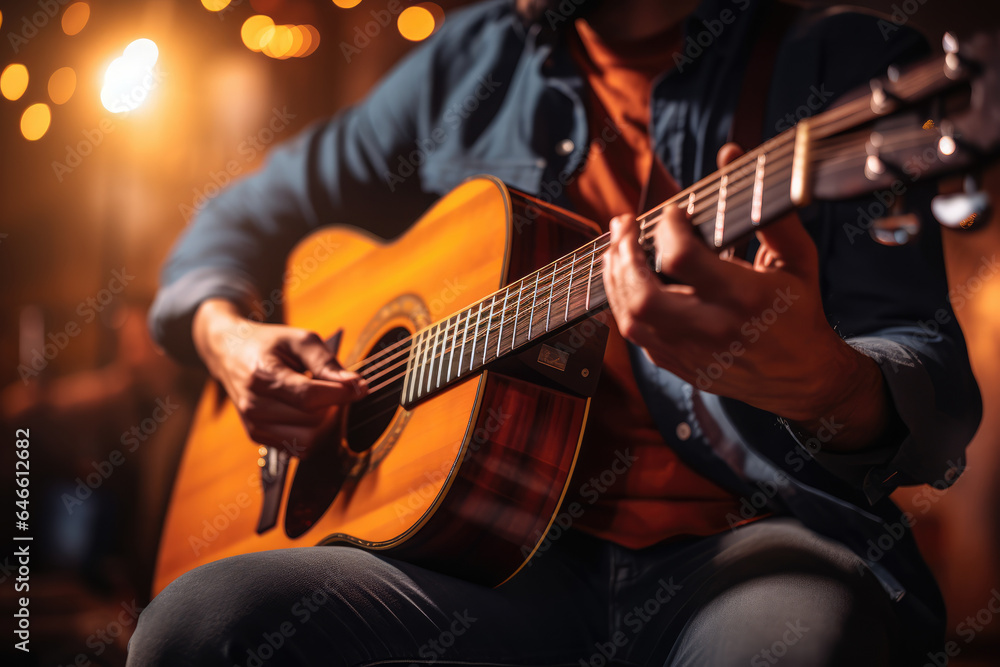 A close-up of a person's hand strumming a traditional acoustic guitar during a folk music performance. Generative Ai. A close-up of a person's hand strumming a traditional acoustic guitar during a folk music performance. Generative Ai.
