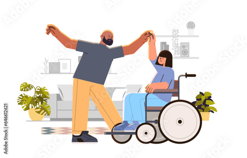 disabled woman sitting in wheelchair and dancing with man people with disabilities concept horizontal