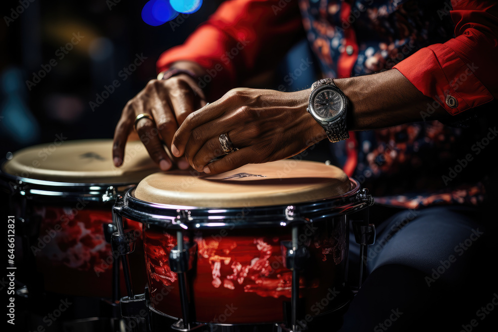 Naklejka premium A close-up of a person's hand playing the conga drums, a key element of Latin American music. Generative Ai.