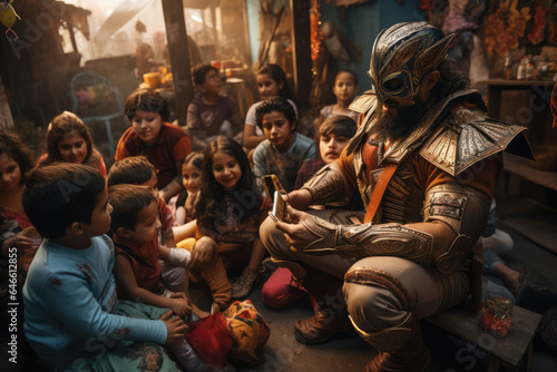 A Mexican storyteller dressed as a luchador entertaining children with imaginative tales. Generative Ai.