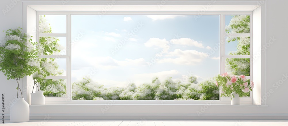 Scandinavian interior with summer landscape in window. Scandinavian interior with summer landscape in window.