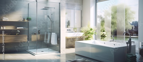 Modern bathroom with a tiled bathtub and clear shower cabin, illuminated by sunlight during the day at home. photo