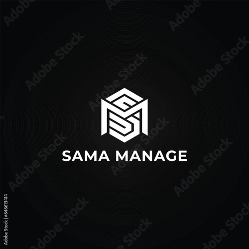 Hexagon SM or MS letter logo design in white color isolated on a black background. Letter SM or MS in white color applied for business management company logo design inspiration template
