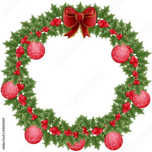 red christmas ball with bow holly berries and green leaves isolated on transparent background 