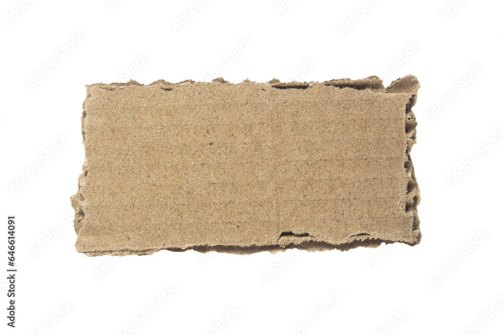 Ripped piece of cardboard Brown isolated on white background. Cardboard with torn edges, top view.