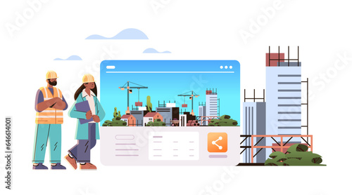 woman man architects or engineers in uniform standing near unfinished building construction site background horizontal