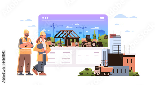 woman man architects or engineers in uniform standing near unfinished building construction site background