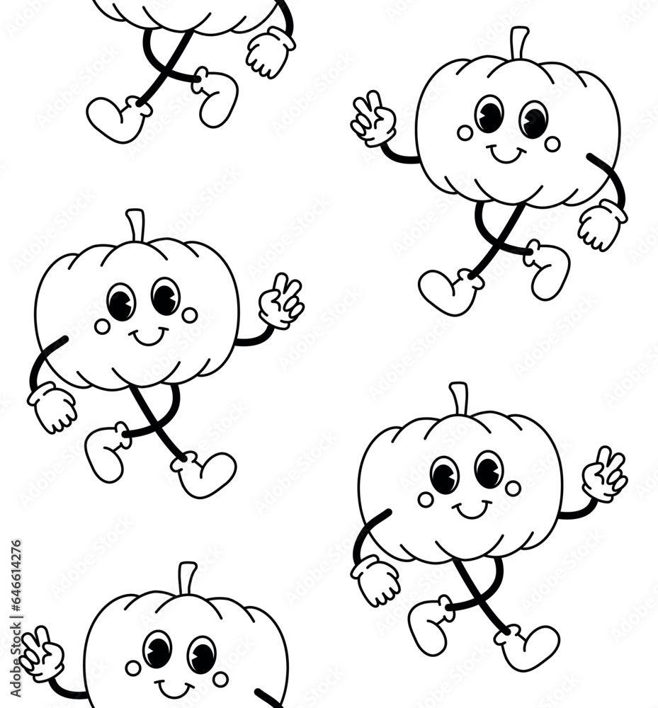 Fototapeta premium Vector seamless pattern of retro groovy cartoon outline pumpkin isolated on white background