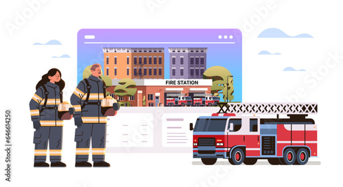 firefighters in uniform standing near fire station building department house facade and red emergency vehicles horizontal