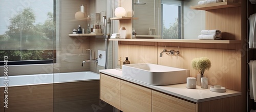 Minimalist aesthetic for bathroom decor with wooden cabinetry