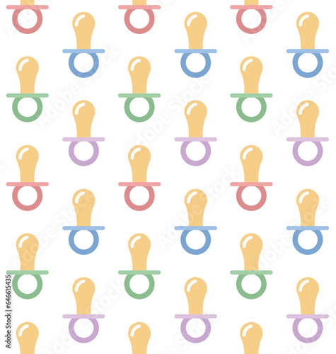Vector seamless pattern of different color flat baby pacifier isolated on white background