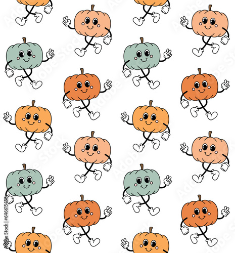 Vector seamless pattern of different color retro groovy cartoon pumpkin isolated on white background