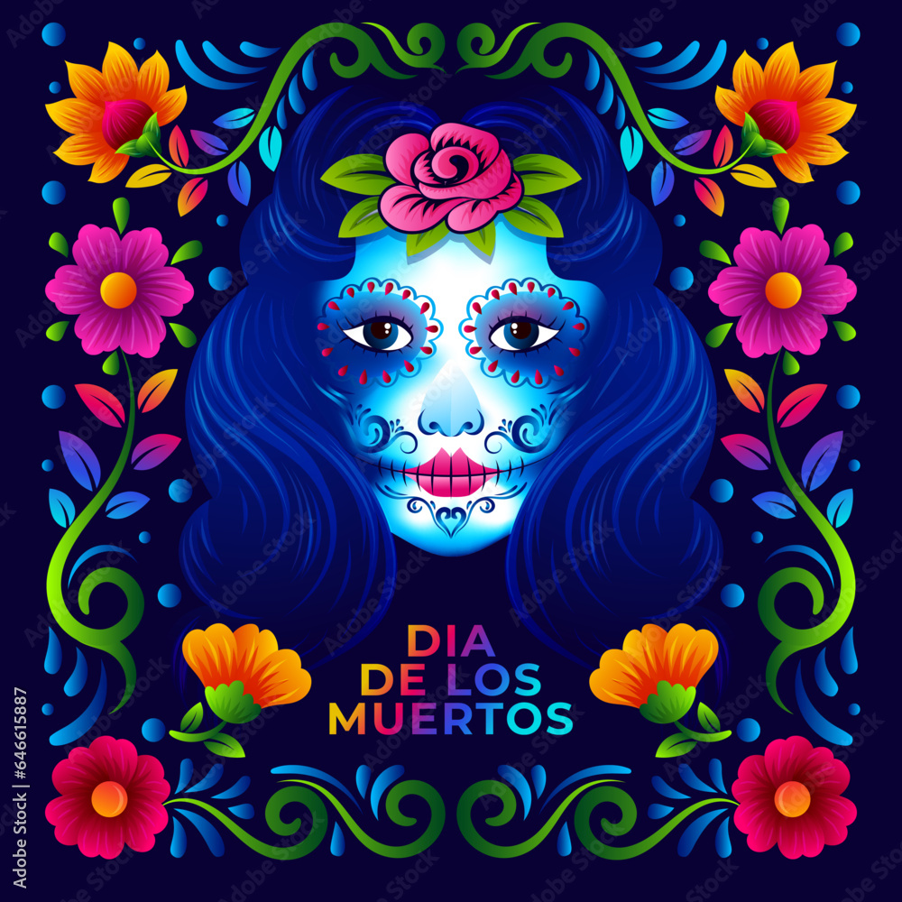 Dia de los muertos long hairy Catrina with mexican folk art floral vector design