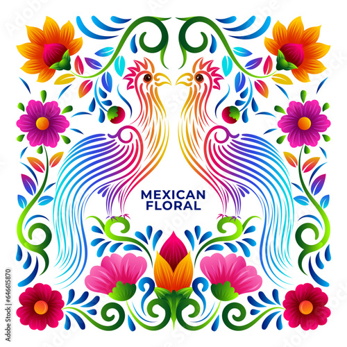 Mexican Folk Art Birds with Colorful Embroidery Ethnic Flowers Illustration