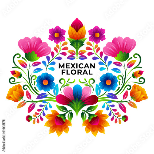 Mexican folk art style vector floral greeting card with vibrant color design