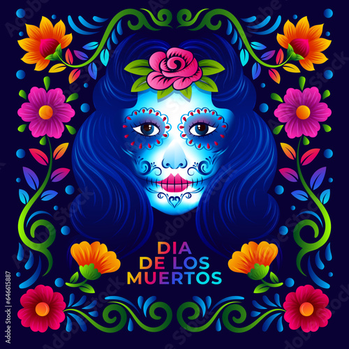 Dia de los muertos long hairy Catrina with mexican folk art floral vector design