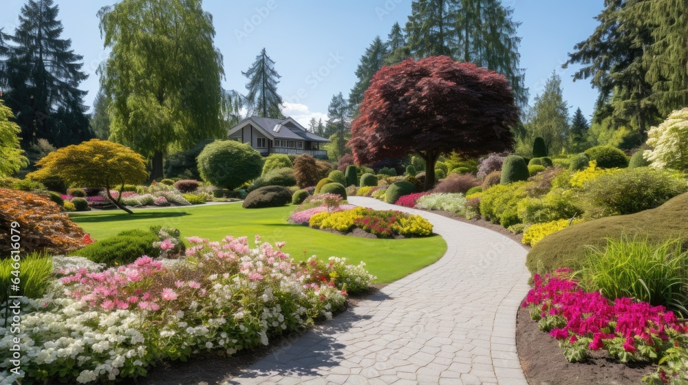 luxury landscape design with green manicured lawn, beautiful flower beds and path. 