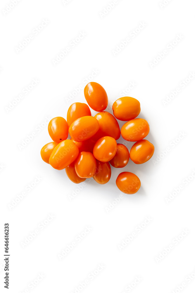Closeup of fresh juicy organic orange cherry tomatoes from the garden isolated on a white background from above, top view
Closeup of fresh juicy organic orange cherry tomatoes from the garden isolated on a white background from above, top view