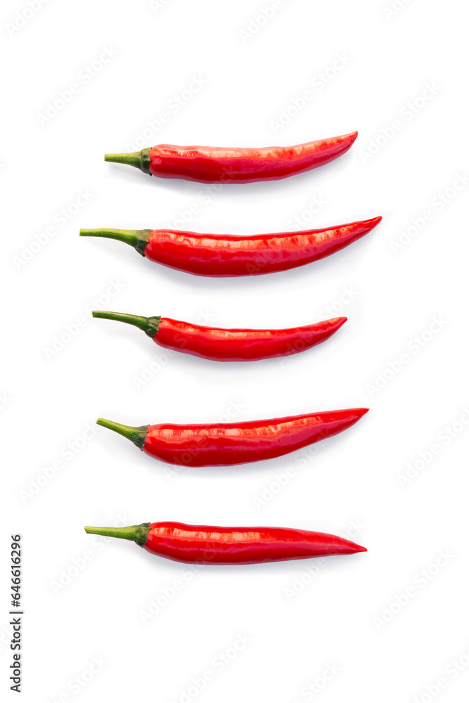 Closeup of fresh organic red chilli pepper from the garden isolated on a white background from above, top view