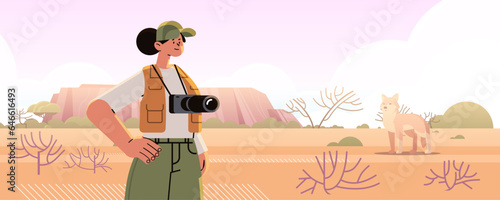 woman tourist or photographer making travel photo of wildlife on digital camera photo service concept wild landscape background
