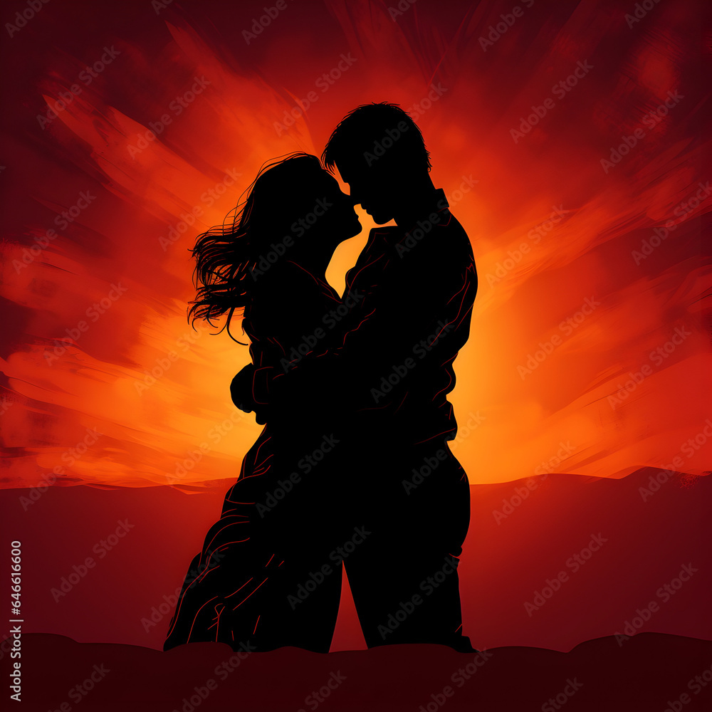 Silhouette of a couple kissing, A silhouette embracing another in a comforting hug, conveying the power of emotional support
