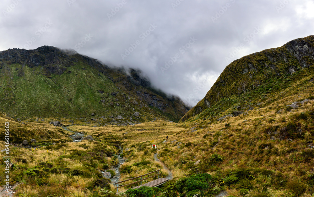 Summit of the Routeburn mountain trail with a hiker and a river, New Zealand
Summit of the Routeburn mountain trail with a hiker and a river, New Zealand