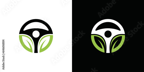 Eco-friendly steering wheel and leaf combination vector logo design. Steering wheel symbol and eco icon symbol.