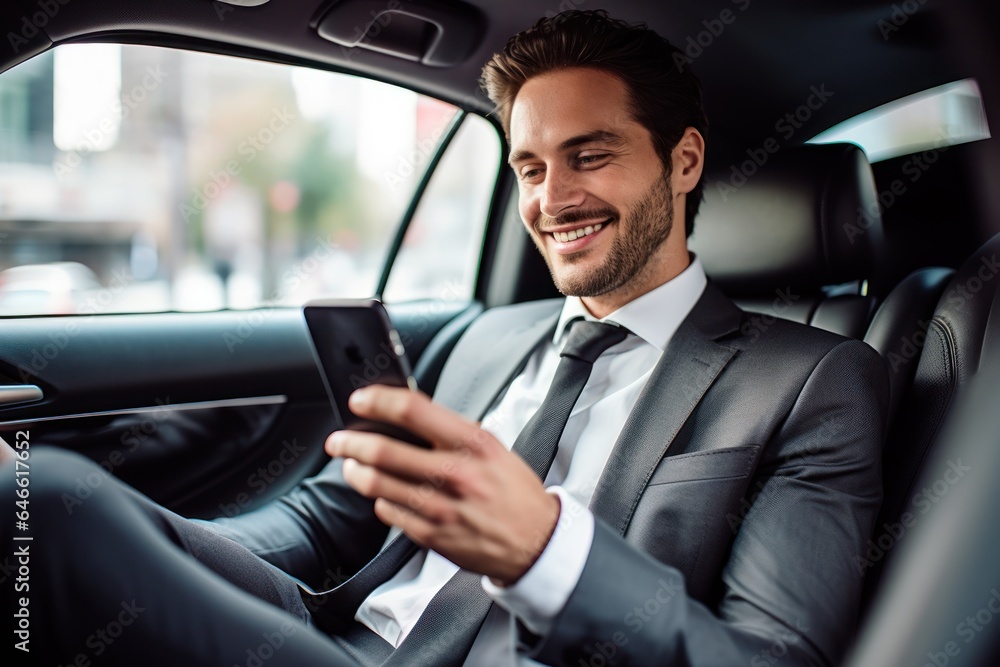 Businessman inside of a car looking at the mobile phone or using mobile phone. Businessman inside of a car looking at the mobile phone or using mobile phone.