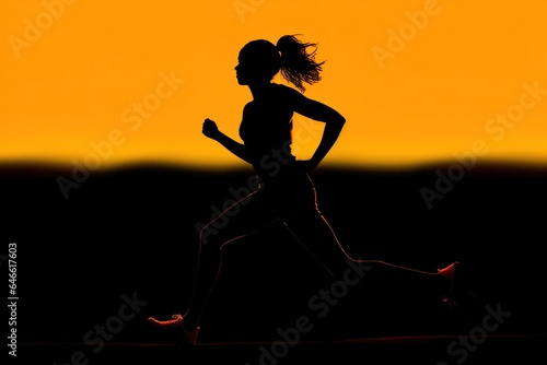 Silhouette of a woman running at sunset with the sun in the background.