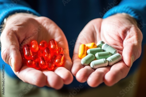 Close up hands showing prescription pills or medical pills or capsules.