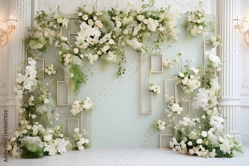 wedding backdrop aesthetic flower decoration light green indoor minimalist studio background © SatuJiwa