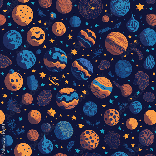 Seamless patterns of planets and stars, cosmic design, repeating patterns design, fabric art, flat illustration, rainbow-core, highly detailed clean, vector image, photorealistic masterpiece, 