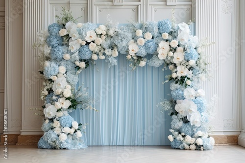 wedding backdrop aesthetic flower decoration light blue cyan indoor minimalist studio background