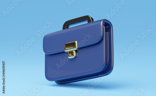 3D Black briefcase with golden lock floating isolated on blue background. Office work, Job hiring, Work search, recruiting concept. Cartoon minimal icon smooth illustration. 3d render. Clipping path.