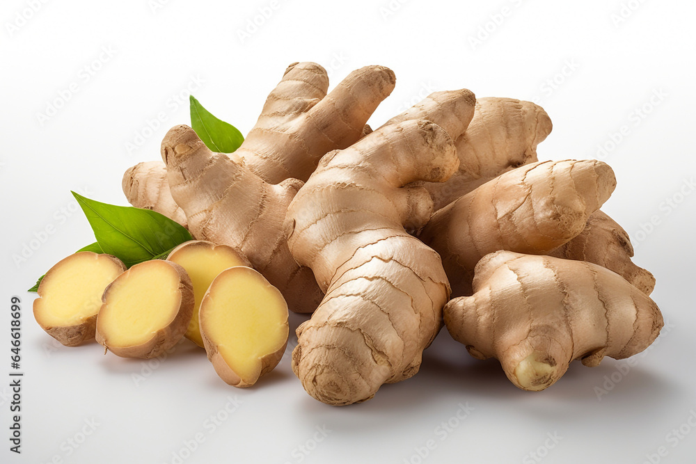 Ginger and slices with leaves (Zingiber officinale) or jahe, isolated on white background Ginger and slices with leaves (Zingiber officinale) or jahe, isolated on white background