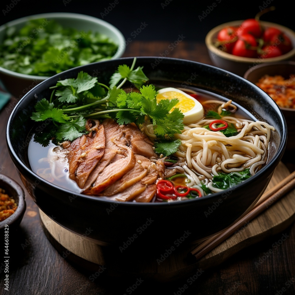 Thai noodle soup in a Thai bowl Nam Tok. Thai noodle soup in a Thai bowl Nam Tok.