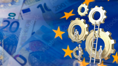 The Business man and gear group on Euro flag Background 3d rendering