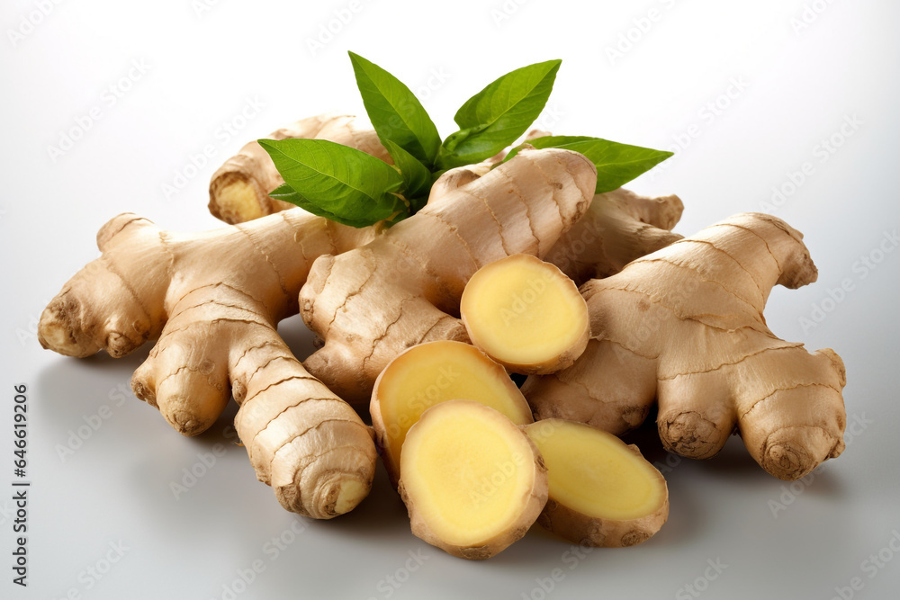 Ginger and slices with leaves (Zingiber officinale) or jahe, isolated on white background Ginger and slices with leaves (Zingiber officinale) or jahe, isolated on white background