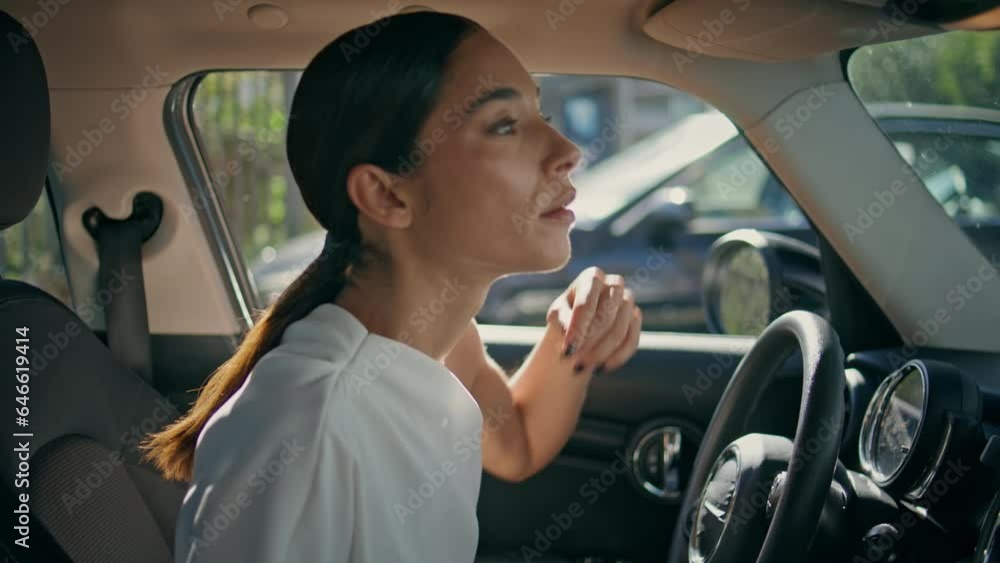 Gorgeous woman luxurious car closing laptop looking mirror close up. Rich lady. Gorgeous woman luxurious car closing laptop looking mirror close up. Rich lady.