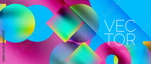 Squares and circles design. Fluid color gradients with metallic effects. Serene synergy of shapes, merging squares and circles into harmonious, captivating design