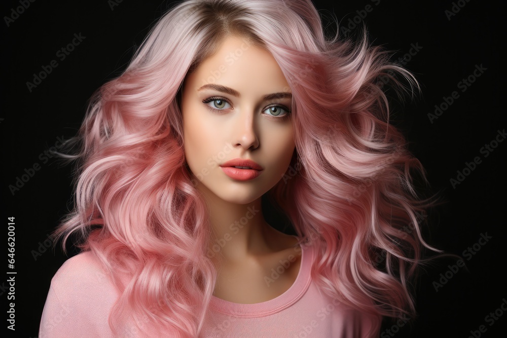 Beautiful girl with pink hair on black background 