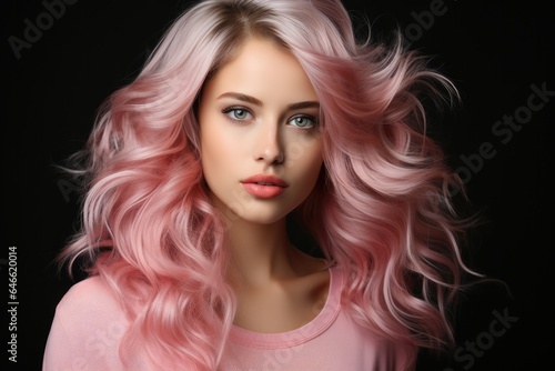 Beautiful girl with pink hair on black background 
