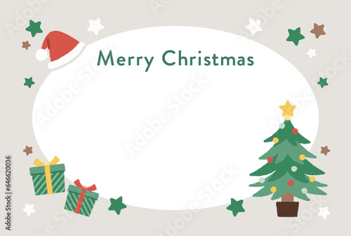 ポストカード・クリスマスカード　サンタ帽、プレゼントボックス、ツリーのイラストフレーム素材