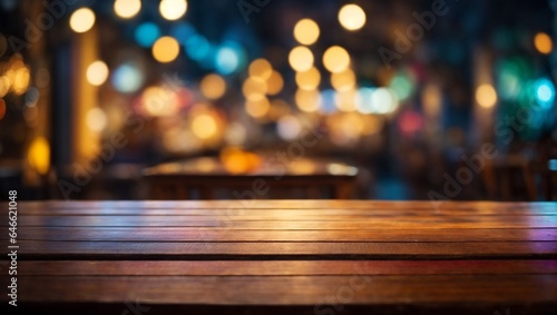 Empty wooden table surface with blurred background with lights.