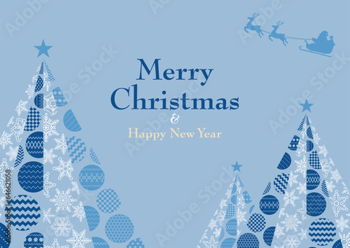 雪の結晶とオーナメントでできたクリスマスツリーとサンタクロース　A4横位置　ブルーグレー背景