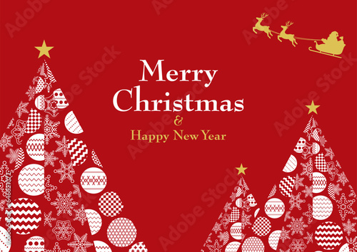 雪の結晶とオーナメントでできたクリスマスツリーとサンタクロース　A4横位置　赤バック